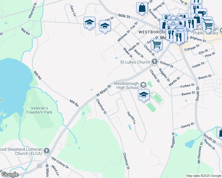 map of restaurants, bars, coffee shops, grocery stores, and more near 114 West Main Street in Westborough