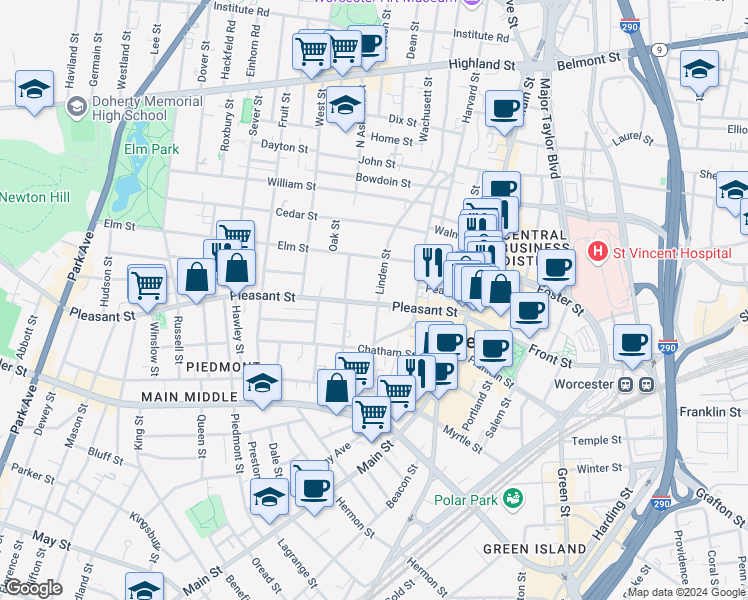 map of restaurants, bars, coffee shops, grocery stores, and more near 119 Pleasant Street in Worcester