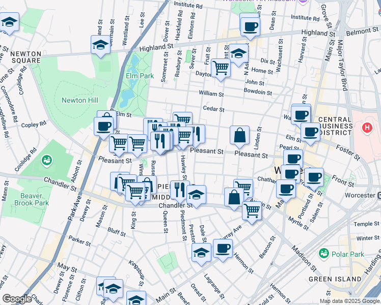 map of restaurants, bars, coffee shops, grocery stores, and more near 258 Pleasant Street in Worcester