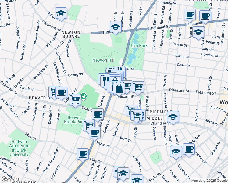 map of restaurants, bars, coffee shops, grocery stores, and more near 521 Pleasant Street in Worcester