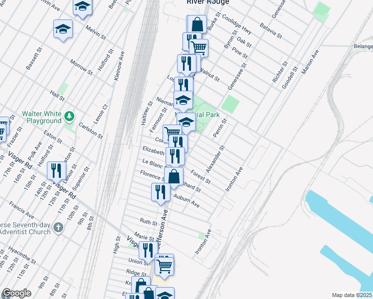 map of restaurants, bars, coffee shops, grocery stores, and more near 424 Genessee Street in River Rouge