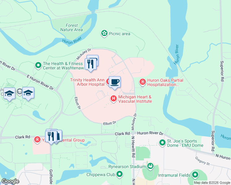 map of restaurants, bars, coffee shops, grocery stores, and more near 5333 McAuley Drive in Ypsilanti