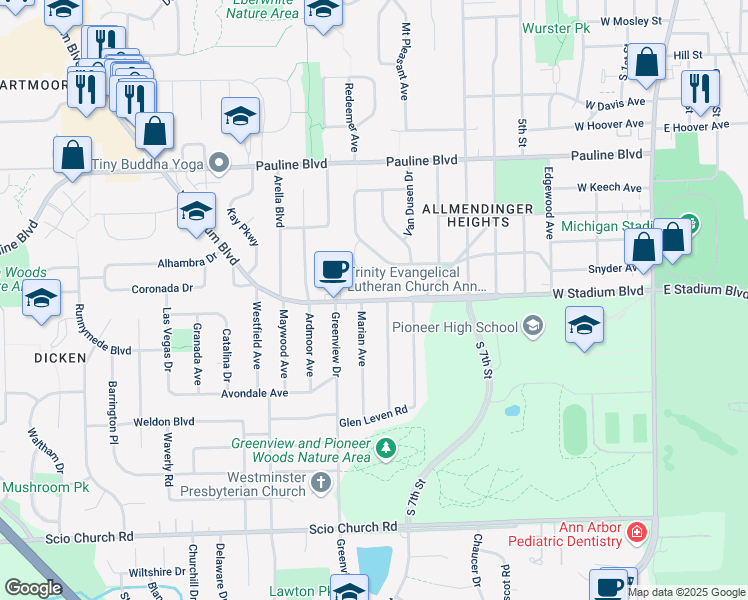 map of restaurants, bars, coffee shops, grocery stores, and more near 1200 West Stadium Boulevard in Ann Arbor