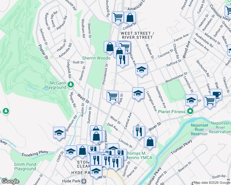 map of restaurants, bars, coffee shops, grocery stores, and more near 1038 Hyde Park Avenue in Boston