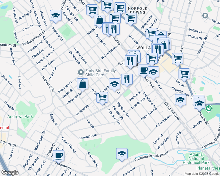 map of restaurants, bars, coffee shops, grocery stores, and more near in Quincy