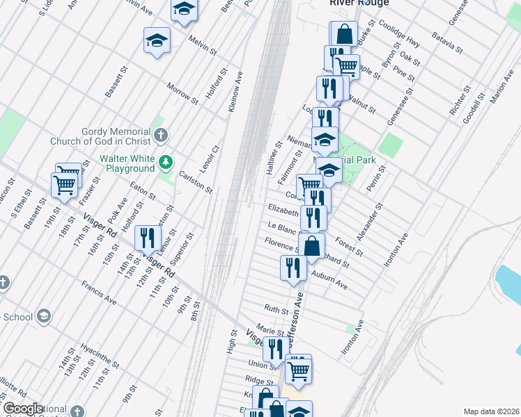 map of restaurants, bars, coffee shops, grocery stores, and more near 286 Haltiner Street in River Rouge