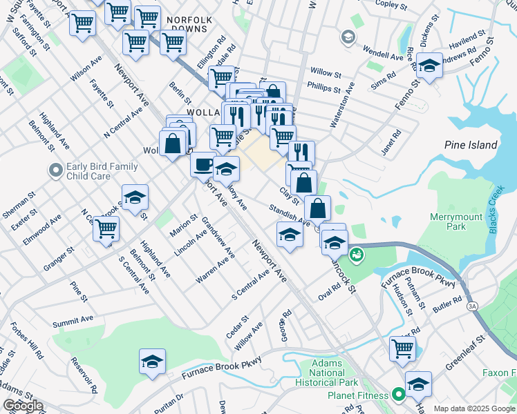 map of restaurants, bars, coffee shops, grocery stores, and more near 39 Standish Avenue in Quincy