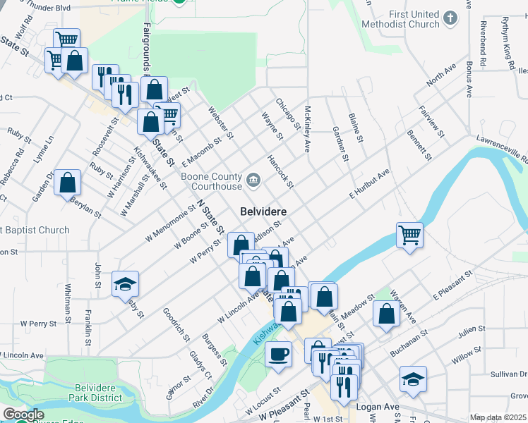 map of restaurants, bars, coffee shops, grocery stores, and more near in Belvidere