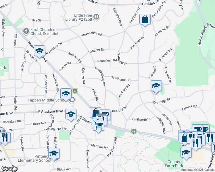 map of restaurants, bars, coffee shops, grocery stores, and more near 2421 Londonderry Road in Ann Arbor