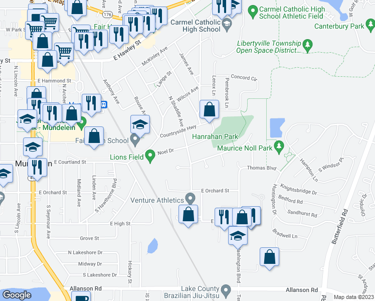 map of restaurants, bars, coffee shops, grocery stores, and more near 60 North Shaddle Avenue in Mundelein