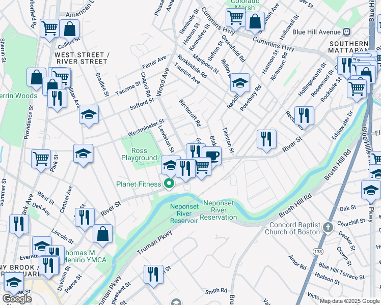 map of restaurants, bars, coffee shops, grocery stores, and more near 296 Wood Avenue in Boston