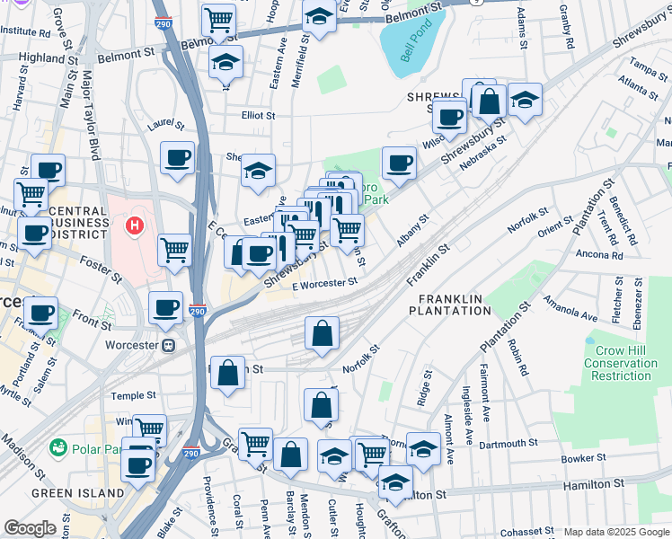 map of restaurants, bars, coffee shops, grocery stores, and more near 75 East Worcester Street in Worcester