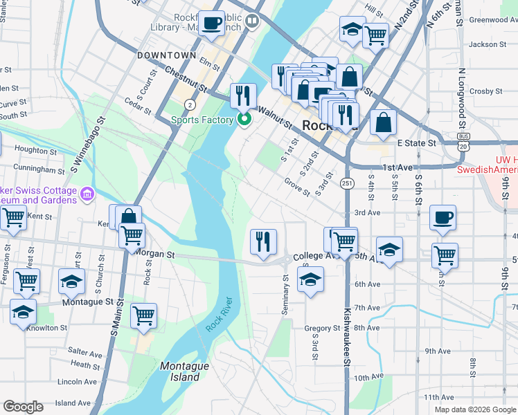 map of restaurants, bars, coffee shops, grocery stores, and more near 520 South 1st Street in Rockford