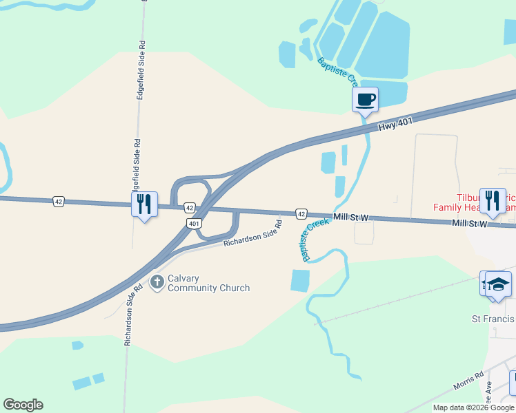 map of restaurants, bars, coffee shops, grocery stores, and more near 20100 County Road 42 in Tilbury