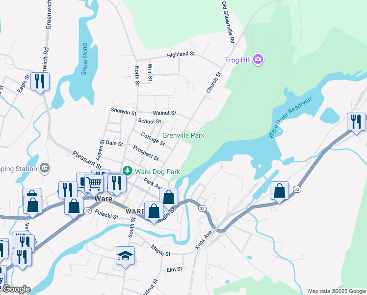 map of restaurants, bars, coffee shops, grocery stores, and more near 63 Church Street in Ware