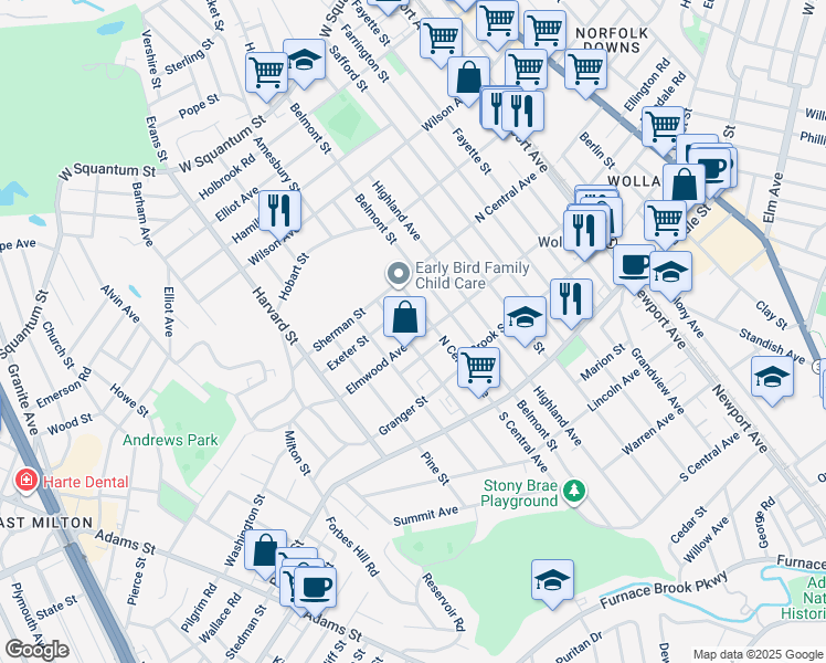 map of restaurants, bars, coffee shops, grocery stores, and more near 171 Elmwood Avenue in Quincy