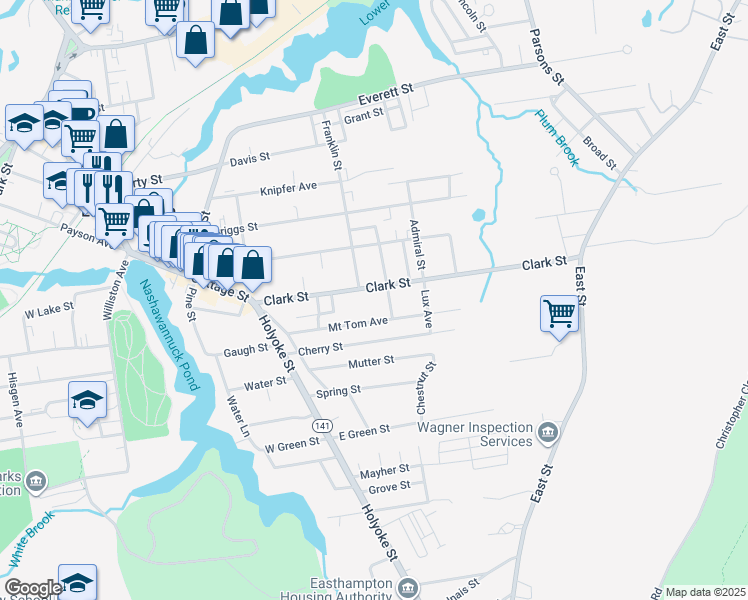 map of restaurants, bars, coffee shops, grocery stores, and more near 42 Clark Street in Easthampton