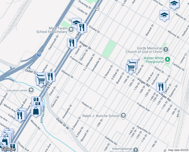 map of restaurants, bars, coffee shops, grocery stores, and more near 3118 South Beatrice Street in Detroit