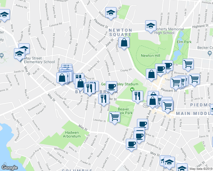 map of restaurants, bars, coffee shops, grocery stores, and more near 75 Brownell Street in Worcester
