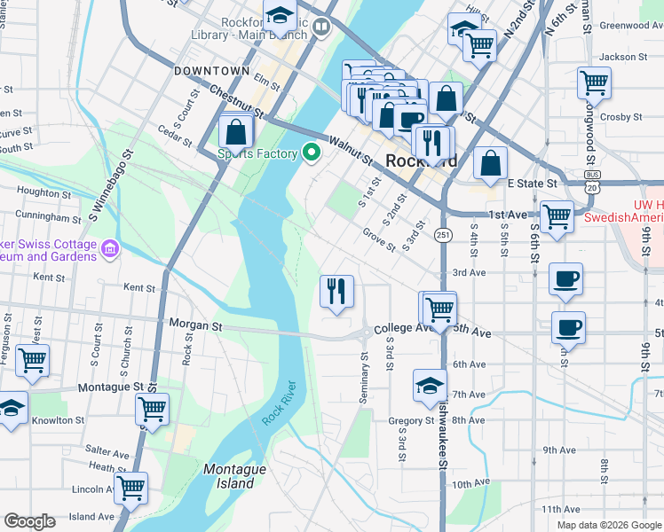map of restaurants, bars, coffee shops, grocery stores, and more near 520 South 1st Street in Rockford