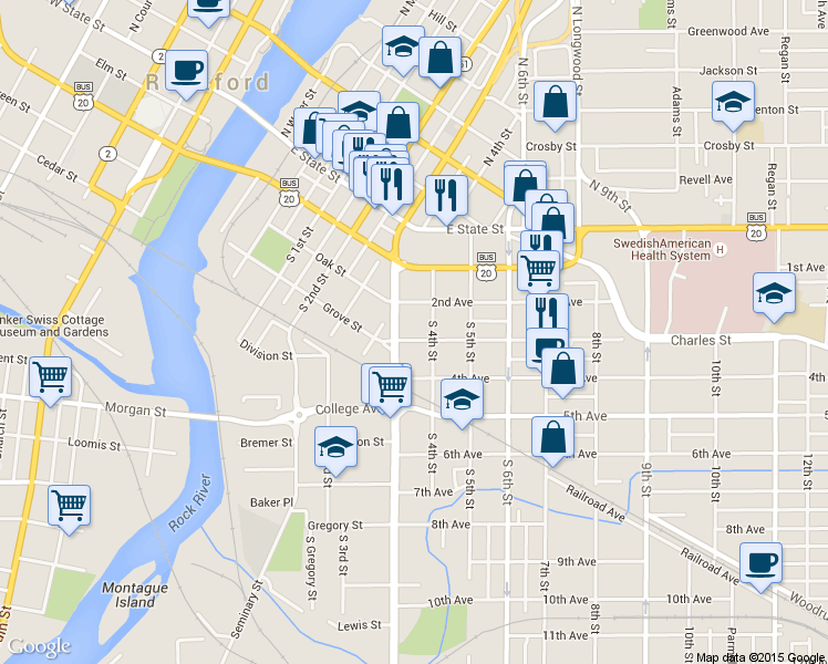 map of restaurants, bars, coffee shops, grocery stores, and more near 714 3rd Avenue in Rockford