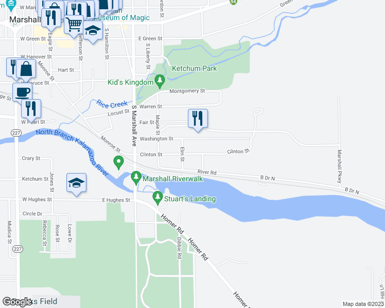 map of restaurants, bars, coffee shops, grocery stores, and more near Clinton Street in Marshall