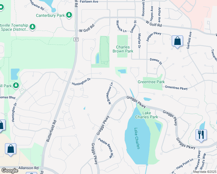 map of restaurants, bars, coffee shops, grocery stores, and more near 2066 North Broadmoor Lane in Vernon Hills