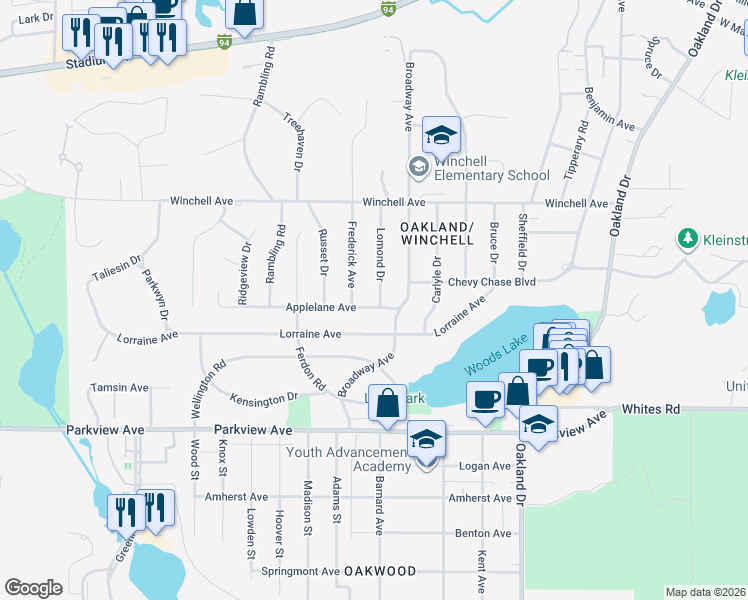 map of restaurants, bars, coffee shops, grocery stores, and more near 2715 Lomond Drive in Kalamazoo