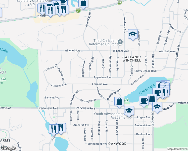 map of restaurants, bars, coffee shops, grocery stores, and more near 2730 Applelane Avenue in Kalamazoo