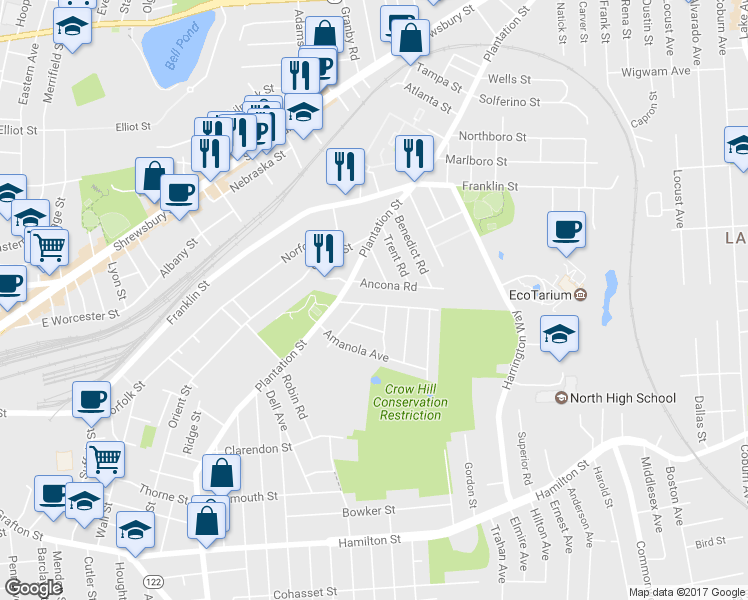 map of restaurants, bars, coffee shops, grocery stores, and more near 15 Montgomery Avenue in Worcester