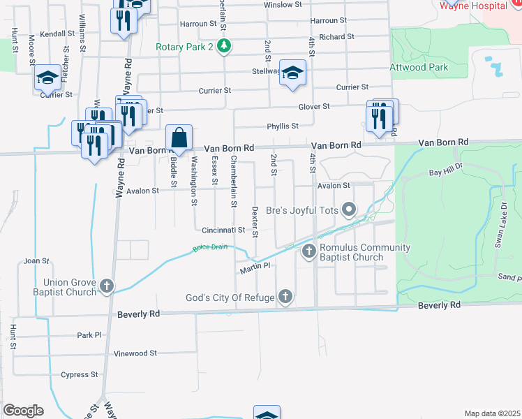 map of restaurants, bars, coffee shops, grocery stores, and more near 6045 Dexter St in Romulus