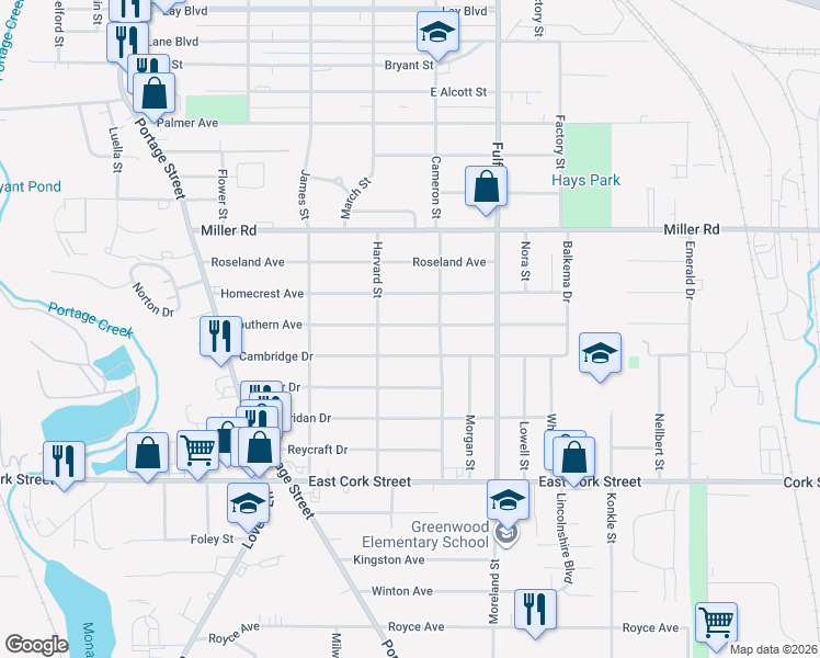 map of restaurants, bars, coffee shops, grocery stores, and more near 1504 Southern Avenue in Kalamazoo