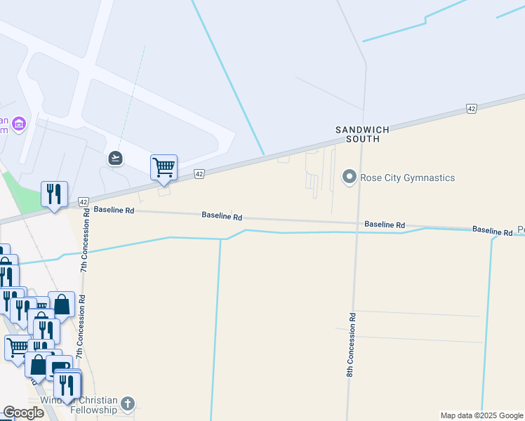 map of restaurants, bars, coffee shops, grocery stores, and more near 3950 Baseline Road in Windsor