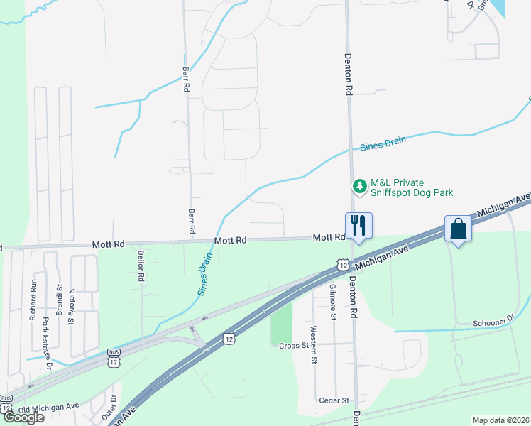 map of restaurants, bars, coffee shops, grocery stores, and more near 49900 Mott Road in Canton
