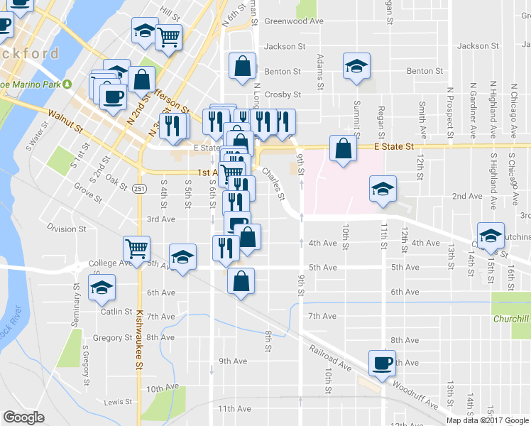 map of restaurants, bars, coffee shops, grocery stores, and more near 1140 3rd Avenue in Rockford