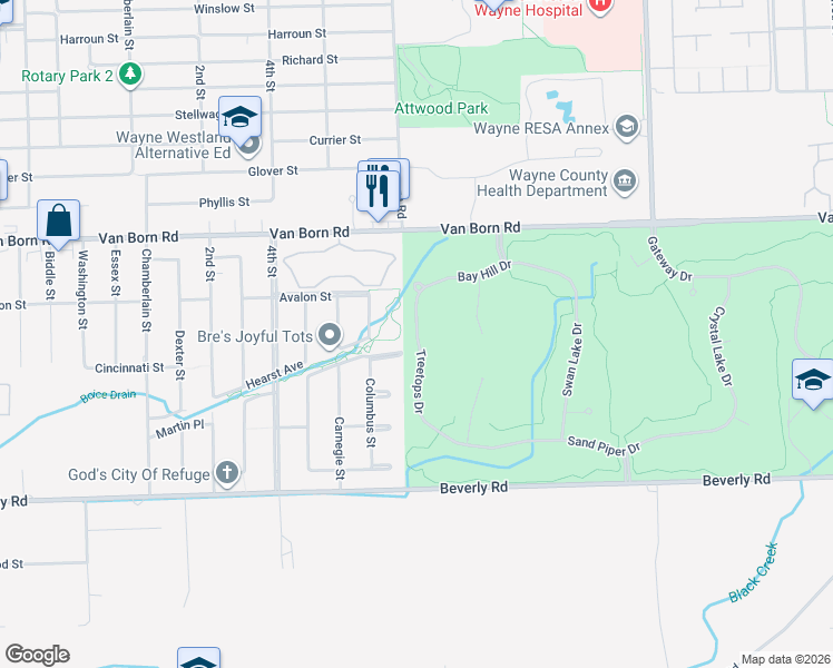 map of restaurants, bars, coffee shops, grocery stores, and more near 6059 Treetops Drive in Romulus