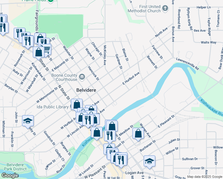 map of restaurants, bars, coffee shops, grocery stores, and more near 514 East Hurlbut Avenue in Belvidere
