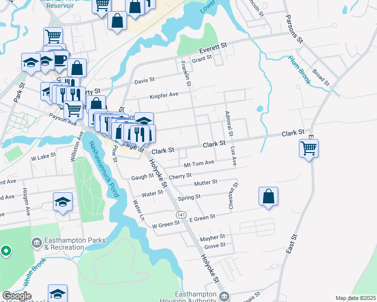 map of restaurants, bars, coffee shops, grocery stores, and more near 28 Clark Street in Easthampton