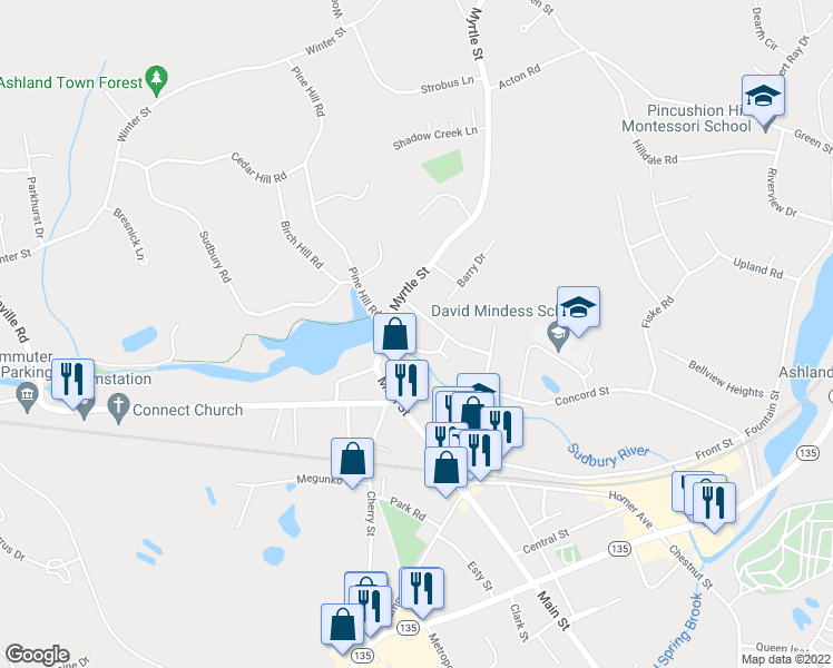 map of restaurants, bars, coffee shops, grocery stores, and more near 27 Carl R Ghilani Circle in Ashland