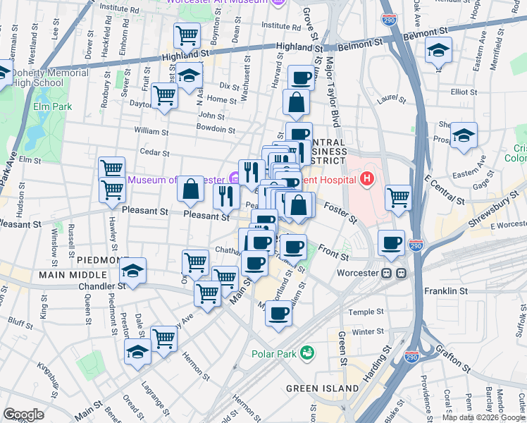 map of restaurants, bars, coffee shops, grocery stores, and more near 17 Pearl Street in Worcester