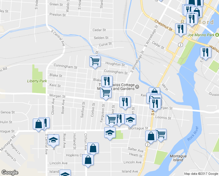 map of restaurants, bars, coffee shops, grocery stores, and more near 920 Ferguson Street in Rockford
