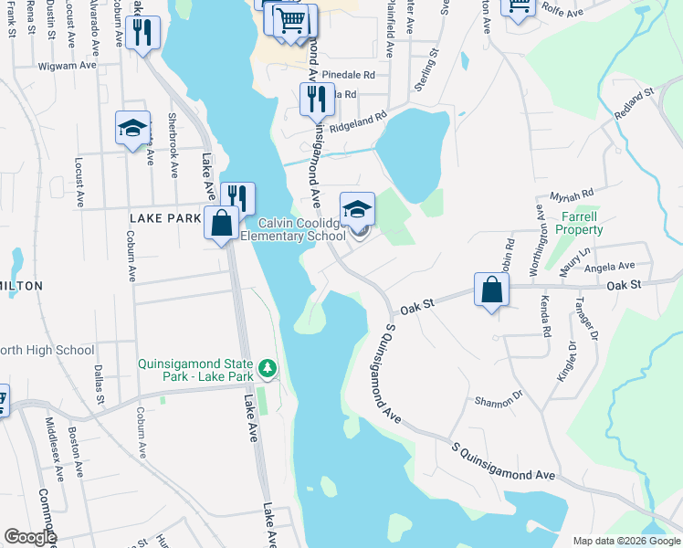 map of restaurants, bars, coffee shops, grocery stores, and more near 154 South Quinsigamond Avenue in Shrewsbury