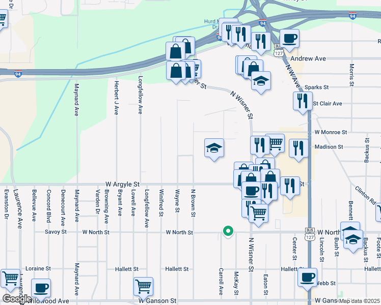 map of restaurants, bars, coffee shops, grocery stores, and more near 1604 Albert Street in Jackson