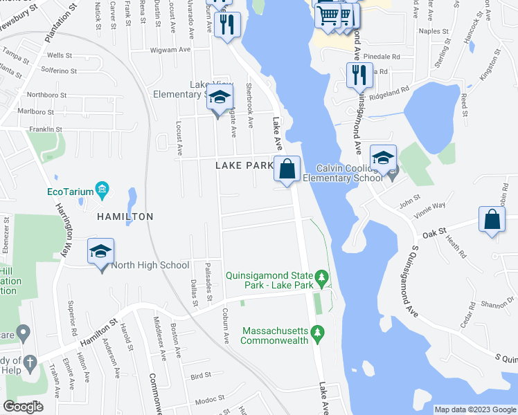 map of restaurants, bars, coffee shops, grocery stores, and more near 21 Ayrshire Road in Worcester