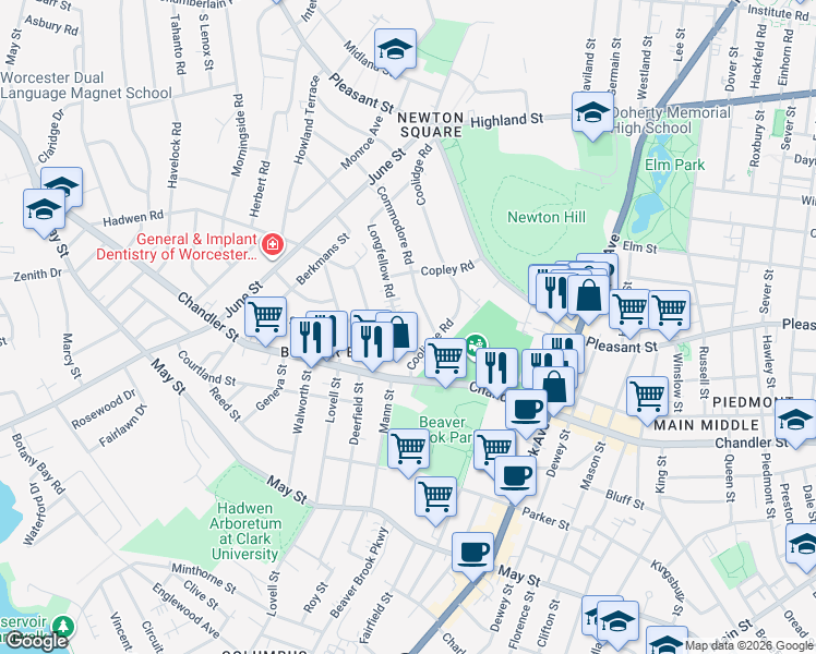 map of restaurants, bars, coffee shops, grocery stores, and more near 22 Longfellow Road in Worcester