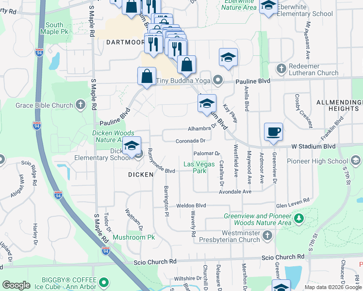map of restaurants, bars, coffee shops, grocery stores, and more near 1921 Coronada Drive in Ann Arbor