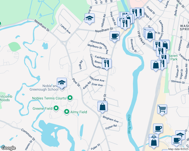 map of restaurants, bars, coffee shops, grocery stores, and more near 45 Kiely Road in Dedham