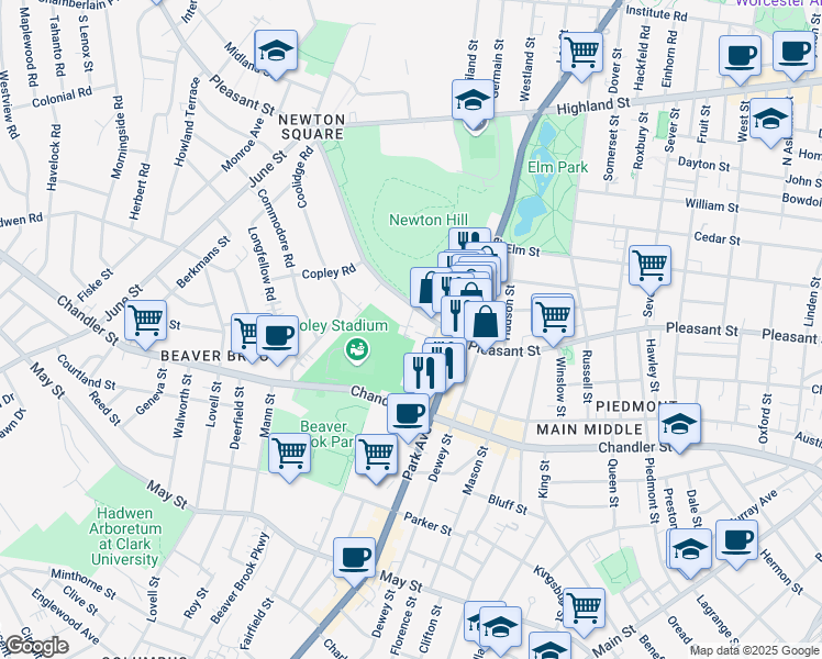 map of restaurants, bars, coffee shops, grocery stores, and more near 5 Norman Avenue in Worcester
