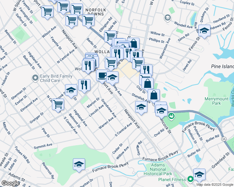 map of restaurants, bars, coffee shops, grocery stores, and more near 55R Old Colony Avenue in Quincy