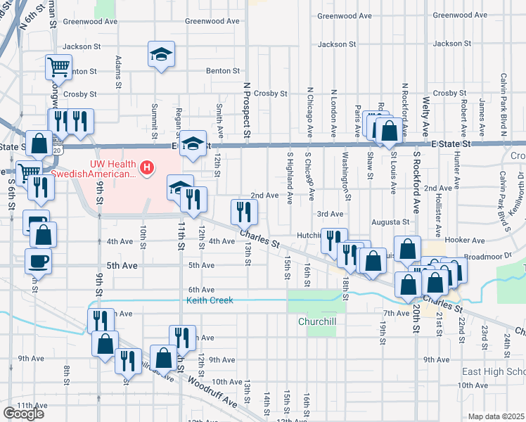map of restaurants, bars, coffee shops, grocery stores, and more near 319 South Gardiner Avenue in Rockford